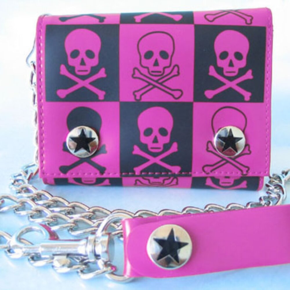 EDGY BLACK & PINK CHECKERED SKULL CHAIN WALLET - AVRIL LAVIGNE, EMO, PUNK,